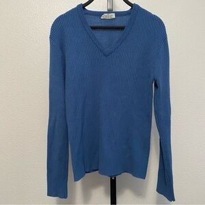 Vintage Womens Blue Ribbed V-Neck Pullover Sweater L Preppy Capsule Transitional
